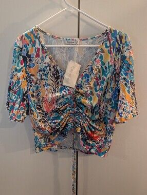 Roswear Large Multicolor V-Neck Ruched Front Women’s Top NWT